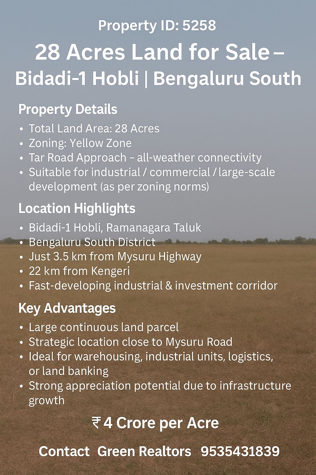 🆔 *Property ID: 5258*  🌿 *28 Acres Land for Sale – Bidadi-1 Hobli | Bengaluru South*